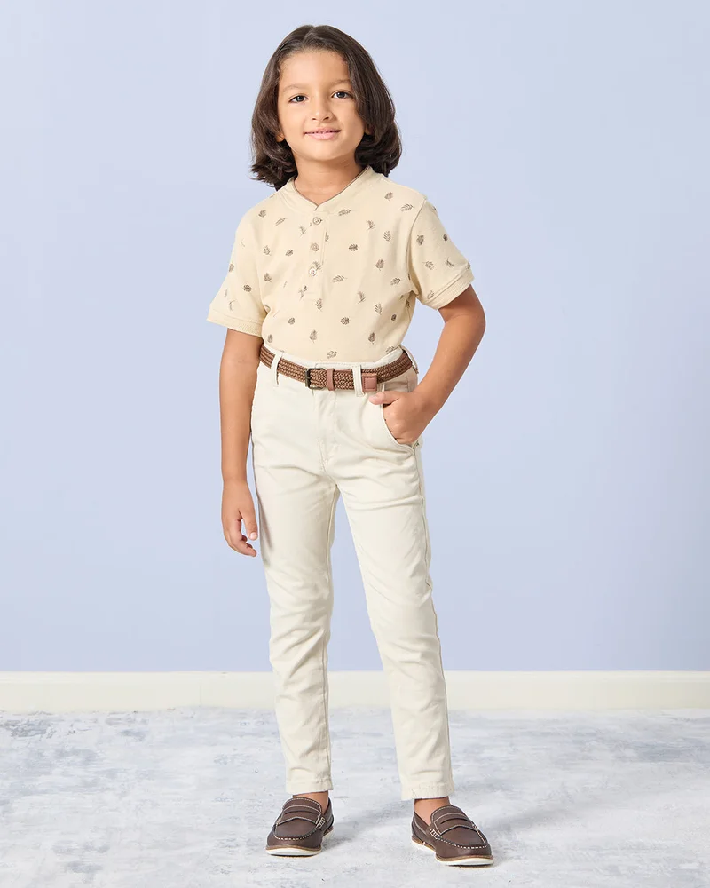 REDTAG Boys Beige Dobby Belted Trousers