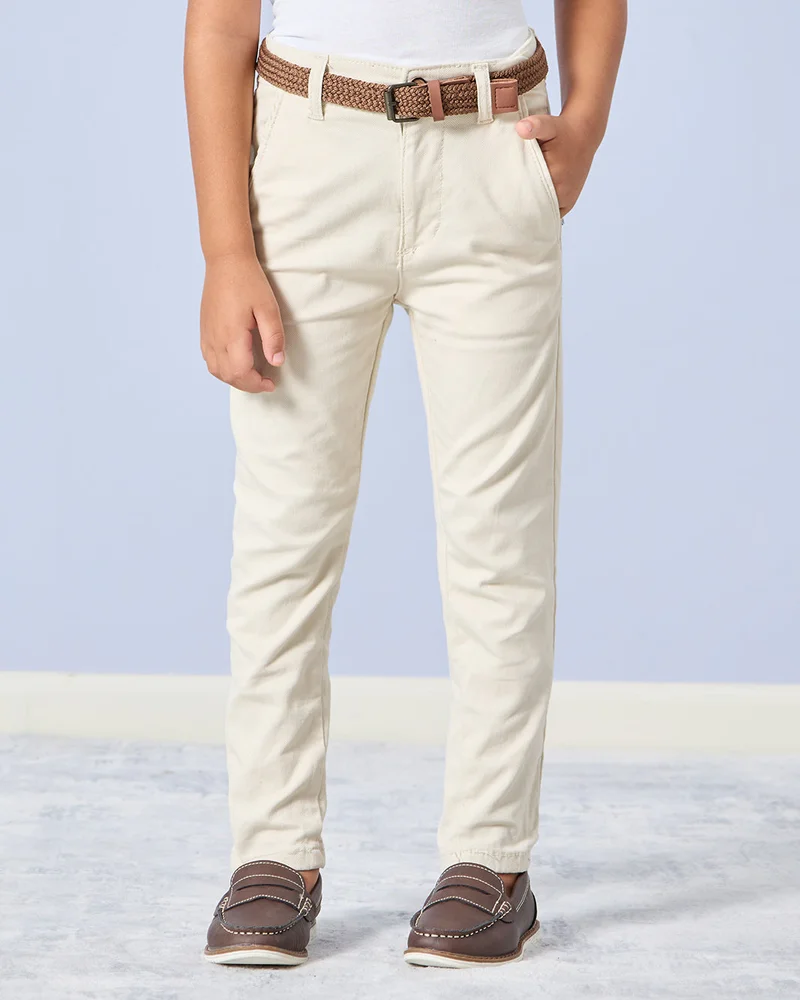 REDTAG Boys Beige Dobby Belted Trousers