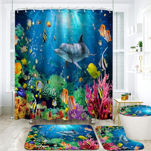 YOOOAHU Blue Ocean Shower Curtain Kids Bathroom Set Underwater Sea World Dolphin Fish Shower Curtain and Rug 4 Pieces Waterproof Coastal Tropical Coral Reef Shower Curtain Sets Home Restroom Bath Accessories - Image 3