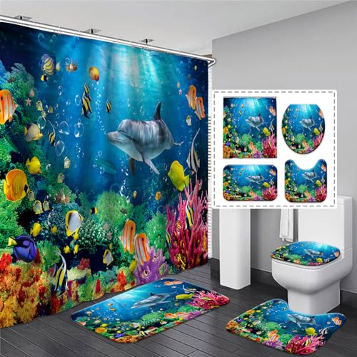 YOOOAHU Blue Ocean Shower Curtain Kids Bathroom Set Underwater Sea World Dolphin Fish Shower Curtain and Rug 4 Pieces Waterproof Coastal Tropical Coral Reef Shower Curtain Sets Home Restroom Bath Accessories - Image 1