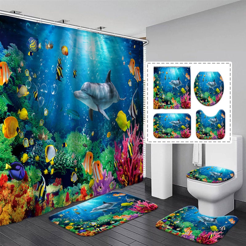 YOOOAHU Blue Ocean Shower Curtain Kids Bathroom Set Underwater Sea World Dolphin Fish Shower Curtain and Rug 4 Pieces Waterproof Coastal Tropical Coral Reef Shower Curtain Sets Home Restroom Bath Accessories - Image 2