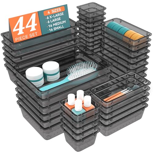 WOWBOX 44 PCS Clear Plastic Drawer Organizer Set 4 Varied Size storage Bins and Desk Drawer Organizer tool Trays for Makeup Gadgets Jewelry and Utensils in Bathroom Bedroom and Office Clear Black - Image 1