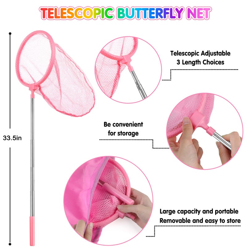 INNOCHEER Kids Explorer Kit & Bug Catcher Kit & Safari Costume Kit, Outdoor Exploration Set with Hat, Vest, Butterfly Net and Bugs Book for Boys Girls 3-12 Years Old (Camouflage Pink) - Image 2