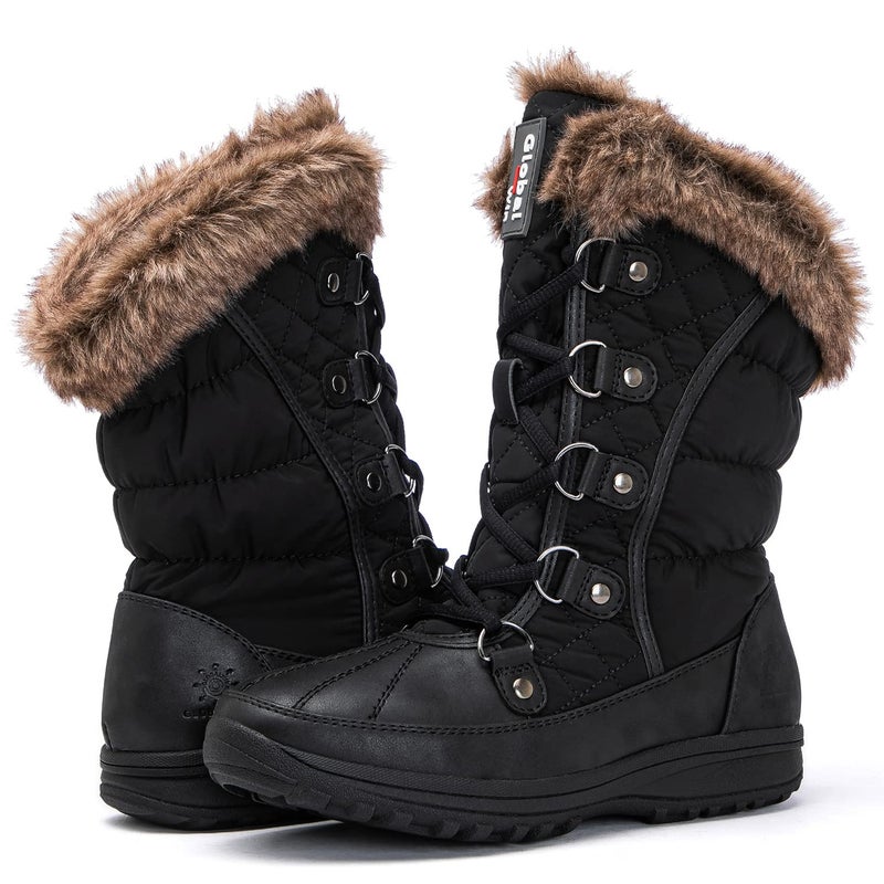 GLOBALWIN Women's Snow Boots Waterproof Mid-Calf Winter Boots For Women With Warm Fleece Lining, Stylish Black Fur Boots For Women With Non-Slip Sole And Quilted Comfortable Boots Size 9M - Image 1