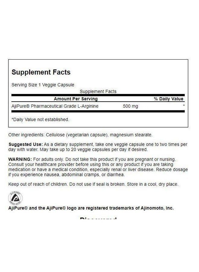 Swanson Amino Acid Ajipure L-Arginine Pharmaceutical Grade 500 Milligrams 60 Veg Capsules - Image 2