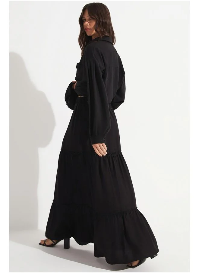JUNE June Exclusive Elastic Waist Viscose Blend Maxi Skirt Black