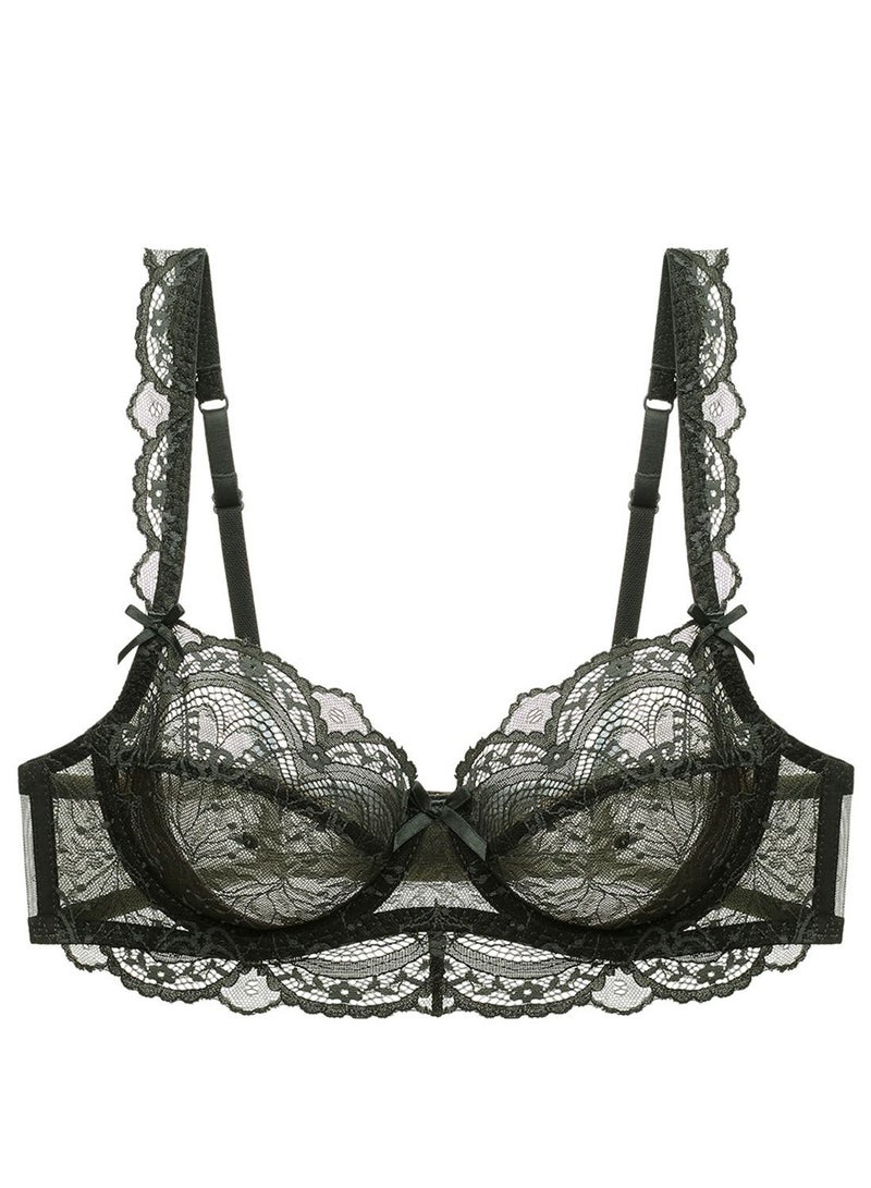 Breathable Unpadded Ultra Thin Cup Lace Bra Dark Green