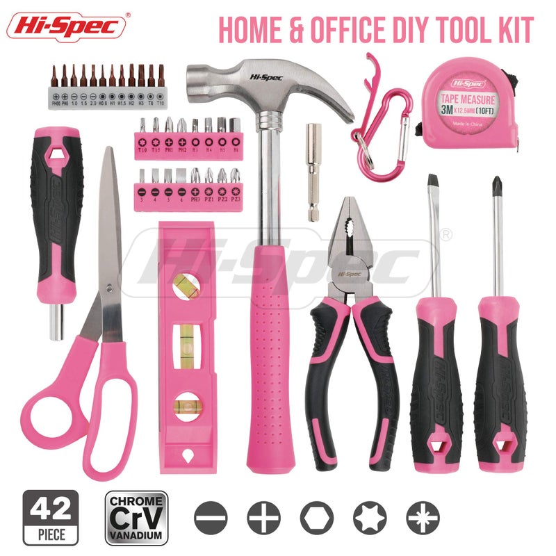 Hi-Spec Hi-Spec 42 Pc Pink Household Tool Set for Ladies and Woman. Essential Hand Tool Kit for Basic DIY Repairs and Maintenance at Home, Office, and Garage. with Plastic Tool Box Storage Case. Perfect Gift - Image 2