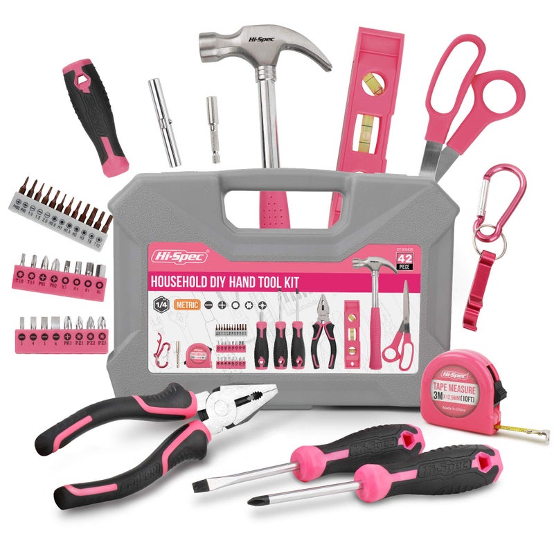 Hi-Spec Hi-Spec 42 Pc Pink Household Tool Set for Ladies and Woman. Essential Hand Tool Kit for Basic DIY Repairs and Maintenance at Home, Office, and Garage. with Plastic Tool Box Storage Case. Perfect Gift - Image 1