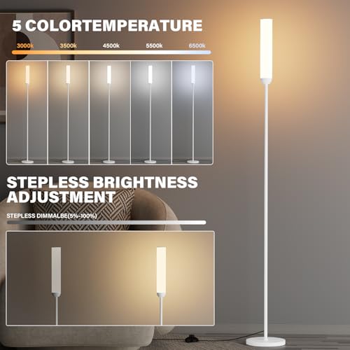 Ambimall LED Floor Lamp with Remote Control, 65" Standing lamp with Stepless Adjustable 3000K-6500K Colors & 30-100% Brightness, Foot Switch(White) - Image 2