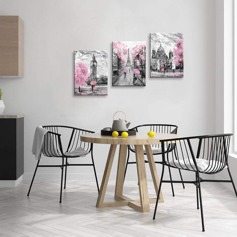 CANVASZON Black and White Canvas Wall Art for Living Room Bedroom Bathroom Girls Pink Paris Theme Room Decor Oil Painting Print London Big Ben Tower Eiffel Painting for Wall Decor Pink - Image 3