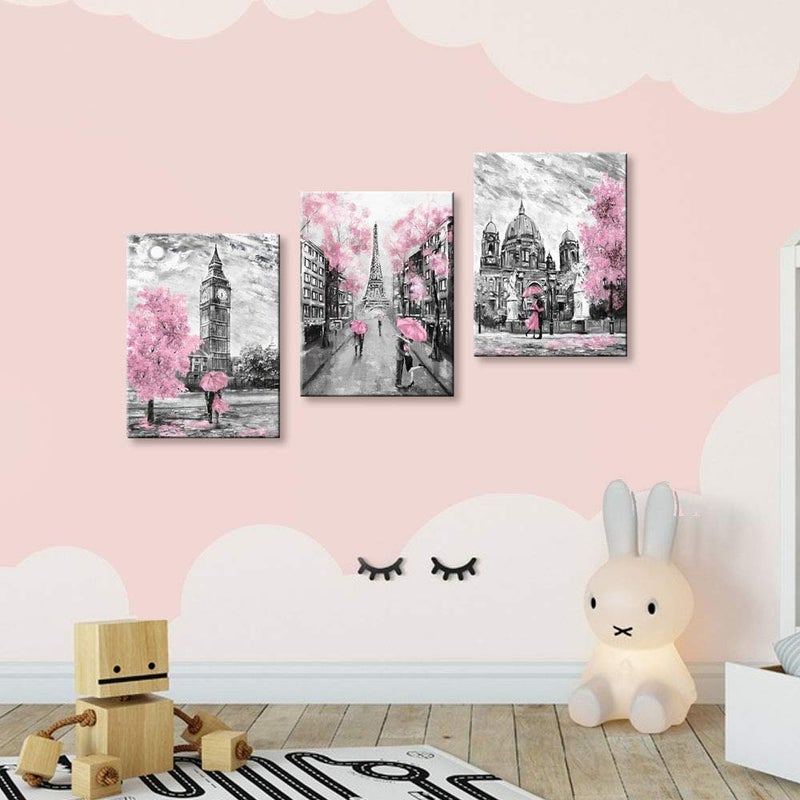 CANVASZON Black and White Canvas Wall Art for Living Room Bedroom Bathroom Girls Pink Paris Theme Room Decor Oil Painting Print London Big Ben Tower Eiffel Painting for Wall Decor Pink - Image 5