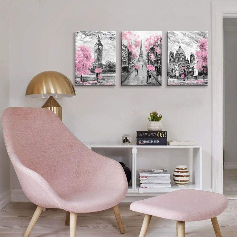 CANVASZON Black and White Canvas Wall Art for Living Room Bedroom Bathroom Girls Pink Paris Theme Room Decor Oil Painting Print London Big Ben Tower Eiffel Painting for Wall Decor Pink - Image 2