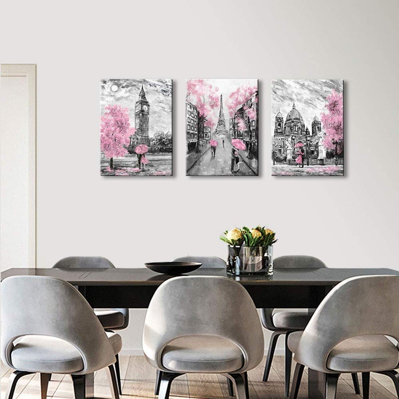 CANVASZON Black and White Canvas Wall Art for Living Room Bedroom Bathroom Girls Pink Paris Theme Room Decor Oil Painting Print London Big Ben Tower Eiffel Painting for Wall Decor Pink - Image 4