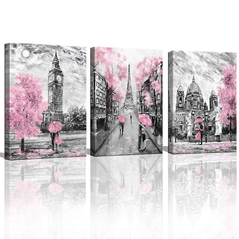 CANVASZON Black and White Canvas Wall Art for Living Room Bedroom Bathroom Girls Pink Paris Theme Room Decor Oil Painting Print London Big Ben Tower Eiffel Painting for Wall Decor Pink - Image 1