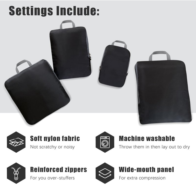 PANDA JOYS 4 Set Compression Packing Cubes Travel - Travel Accessories Expandable Packing Organizers for Carry On - Essentials Luggage Bags - Black - Image 3