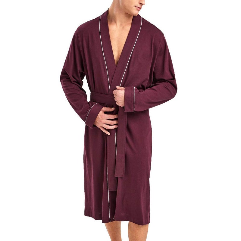 HOLOVE Mens Cotton Big and Tall Robes Lightweight with Handy Pockets Spa Bathrobes Burgundy SM