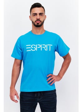 Men Crew Neck Short Sleeve Brand Logo T-shirts, Cyan Blue