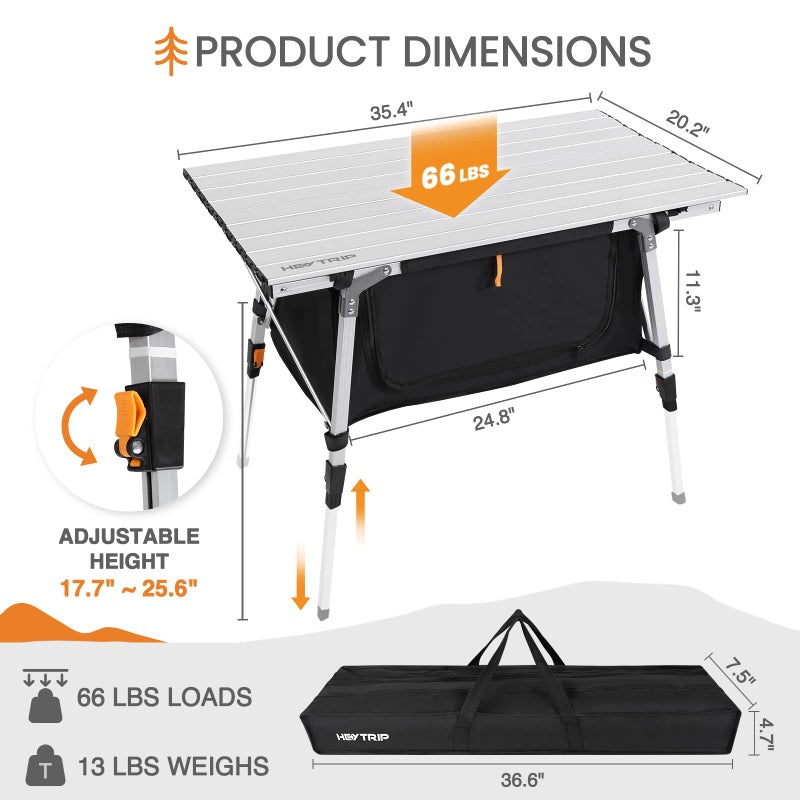 HEYTRIP Folding Camping Table with Storage Bag Roll-Up Aluminum Portable Beach Table Adjustable Height Picnic Table, Grey - Image 2