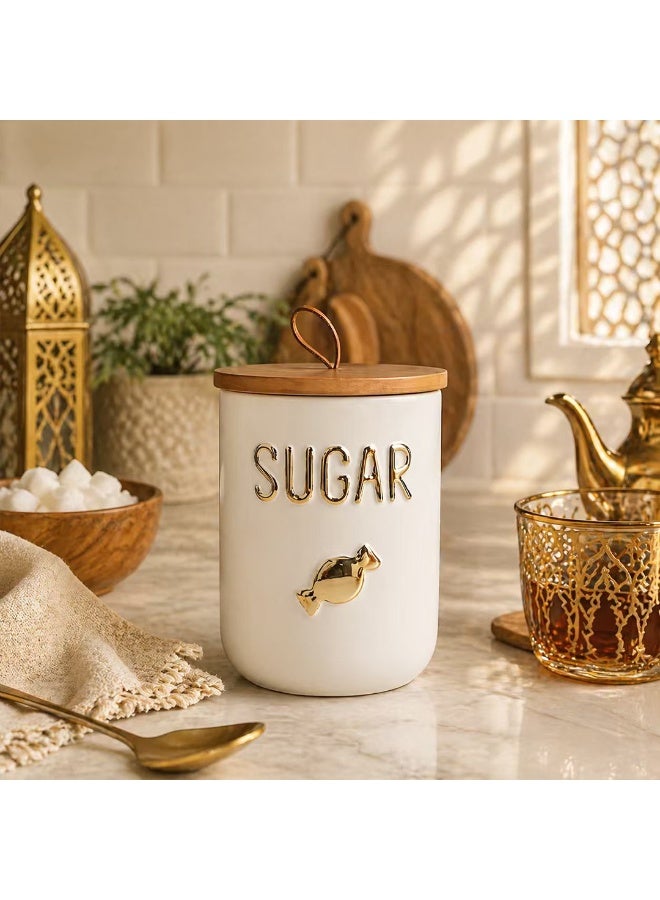 800ml White Ceramic Sugar & Candy Storage Jar with Gold Plated Accents, Bamboo Lid & Leather Loop, Airtight Food Container for Kitchen - Image 1