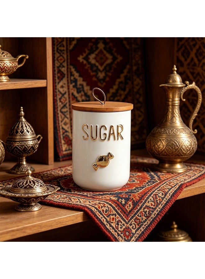 800ml White Ceramic Sugar & Candy Storage Jar with Gold Plated Accents, Bamboo Lid & Leather Loop, Airtight Food Container for Kitchen - Image 2