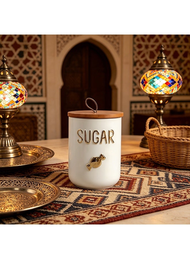 800ml White Ceramic Sugar & Candy Storage Jar with Gold Plated Accents, Bamboo Lid & Leather Loop, Airtight Food Container for Kitchen - Image 3