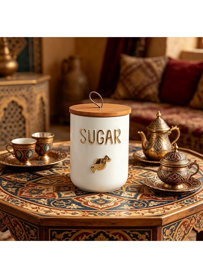 800ml White Ceramic Sugar & Candy Storage Jar with Gold Plated Accents, Bamboo Lid & Leather Loop, Airtight Food Container for Kitchen - Image 4
