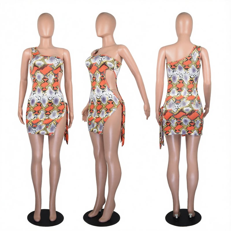 Sexy Snake Print One-Shoulder Tie Casual Women Dress Mini Dress - Image 2