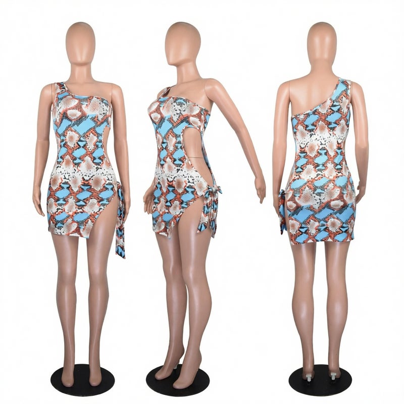 Sexy Snake Print One-Shoulder Tie Casual Women Dress Mini Dress - Image 1