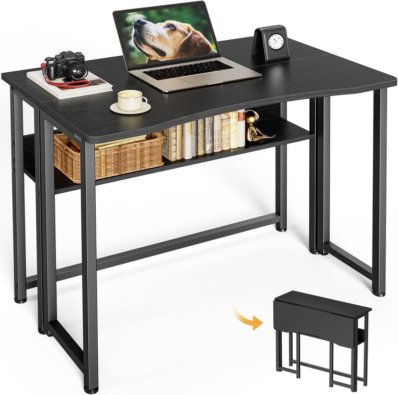 Huuger Folding Desk with Storage Shelf, 31.5 Inch Foldable Computer Table for Small Spaces, Space Saving Sofa Table for Couch, Writing Work Office Computer Desk, Easy to Fold, Black - Image 1