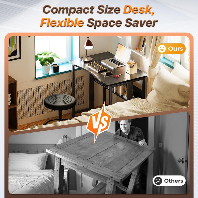 Huuger Folding Desk with Storage Shelf, 31.5 Inch Foldable Computer Table for Small Spaces, Space Saving Sofa Table for Couch, Writing Work Office Computer Desk, Easy to Fold, Black - Image 2