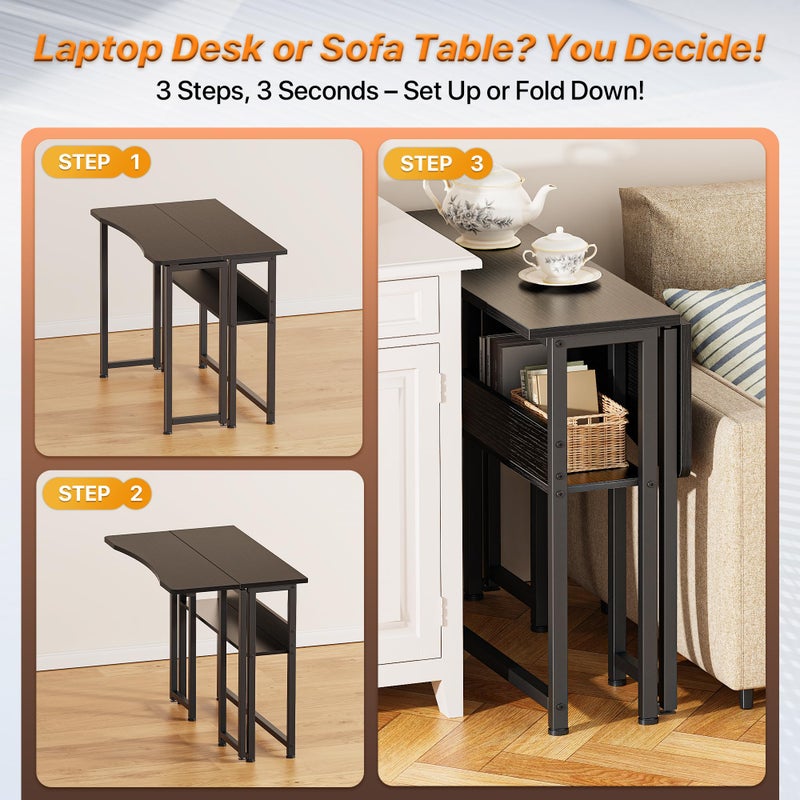 Huuger Folding Desk with Storage Shelf, 31.5 Inch Foldable Computer Table for Small Spaces, Space Saving Sofa Table for Couch, Writing Work Office Computer Desk, Easy to Fold, Black - Image 3