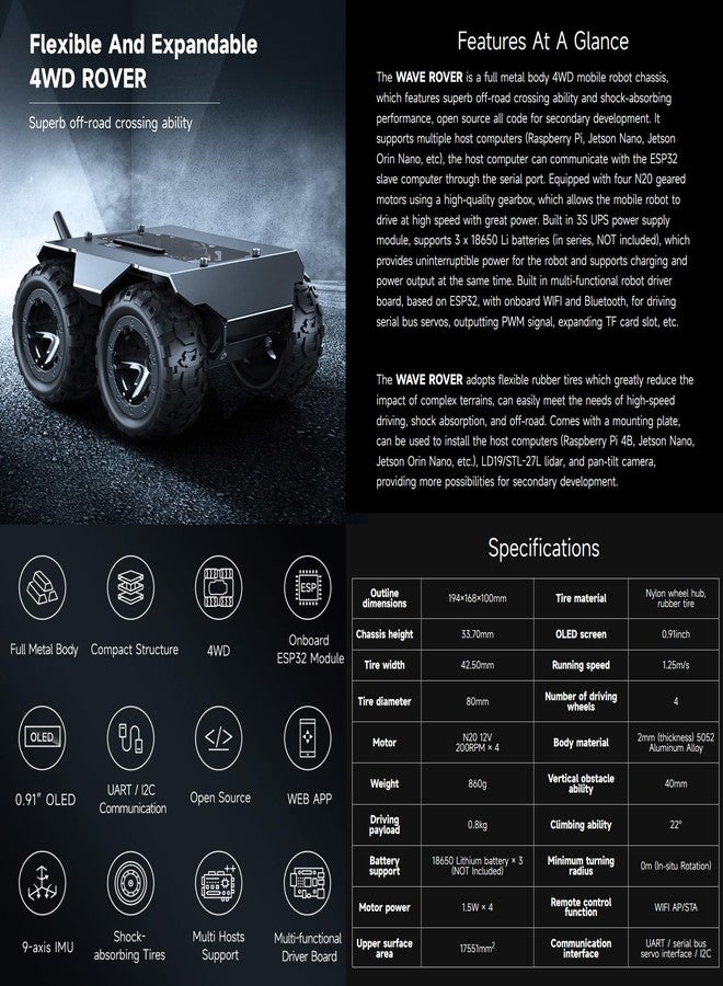 Waveshare هيكل الروبوت المتحرك 4WD القابل للتعديل والتوسيع من Waveshare Wave Rover، جسم معدني كامل، دعم لعدة مضيفين، مع وحدة ESP32 مدمجة - Image 3