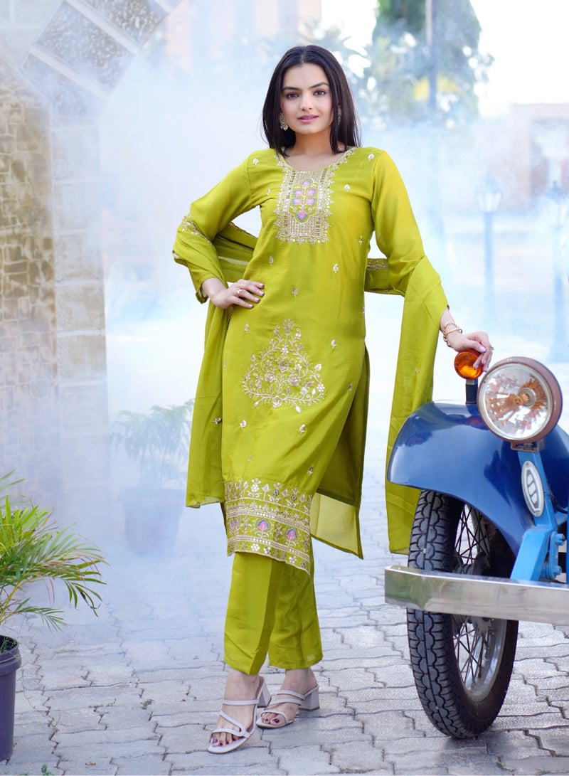 Presenting new designer embroidered fox georgette Mehndi suit with embroidered work - Image 1