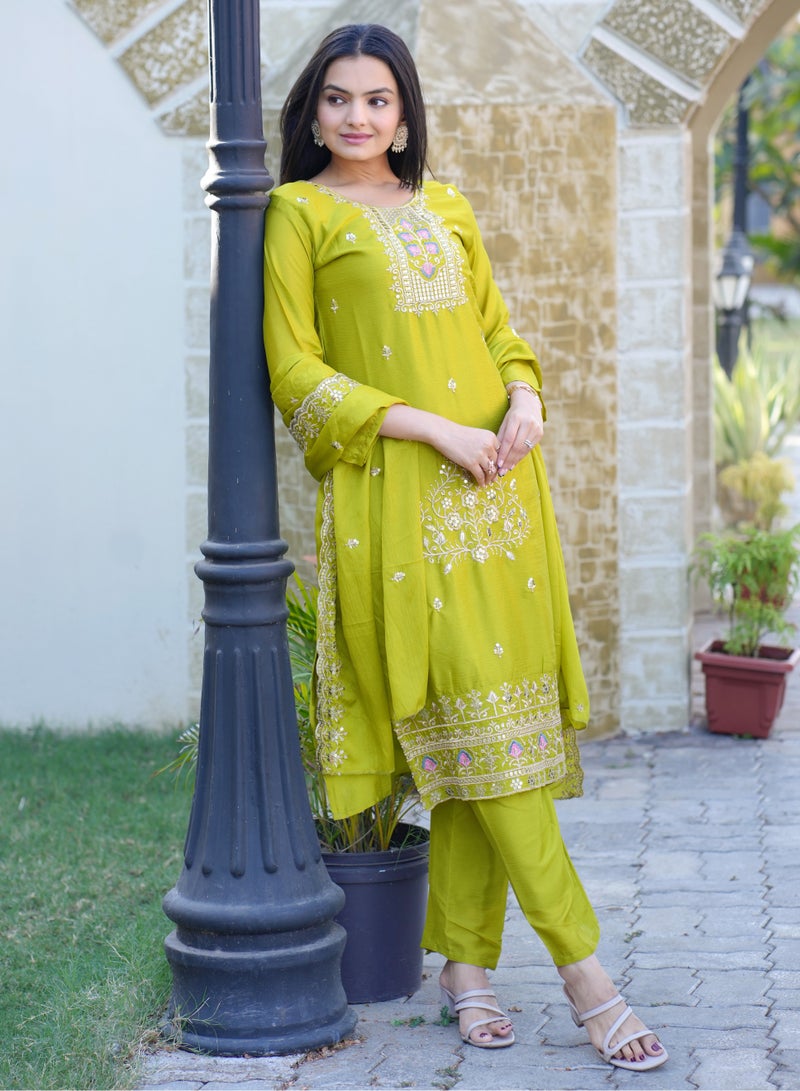 Presenting new designer embroidered fox georgette Mehndi suit with embroidered work - Image 3