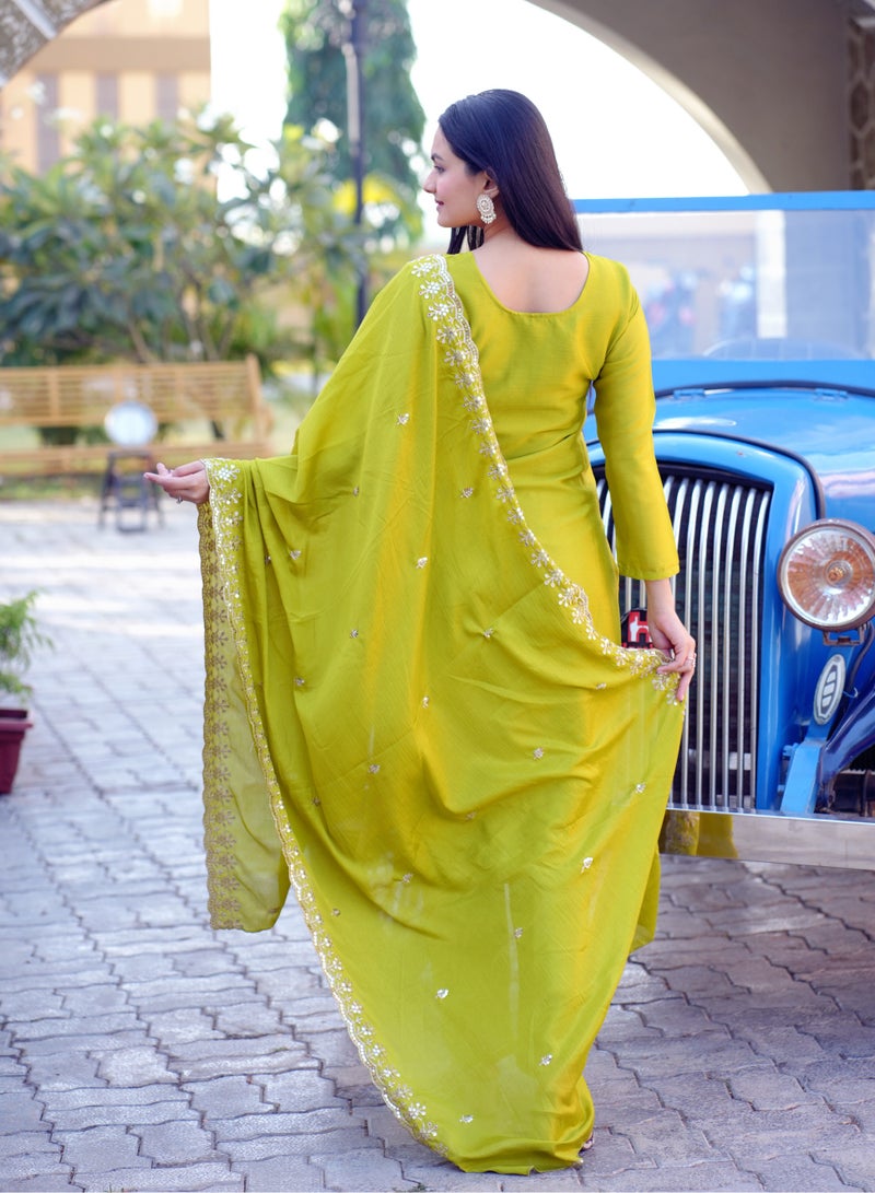 Presenting new designer embroidered fox georgette Mehndi suit with embroidered work - Image 5