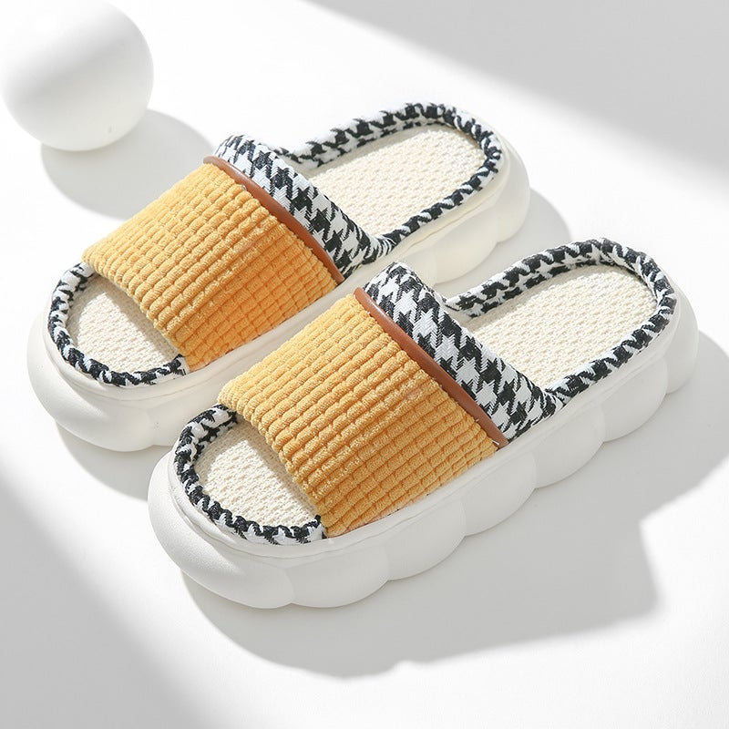 Spring and Autumn Linen Slippers Womens Thick Bottom Mens and Womens Four Seasons Household Couples Indoor Non-Slip Mute Cotton Home Four Seasons Slippers Yellow (4cm thick bottom)