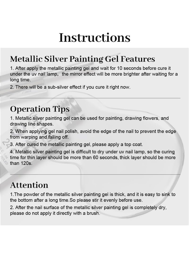 RARJSM Metallic Silver Nail Art Gel Liner Mirror Chrome 3D Effect 8ml Build in Thin Brush Metal Painting Drawing Striper Thin Brush Gel Polish Soak off UV LED Curing Requires for Home Salon Design - Image 4