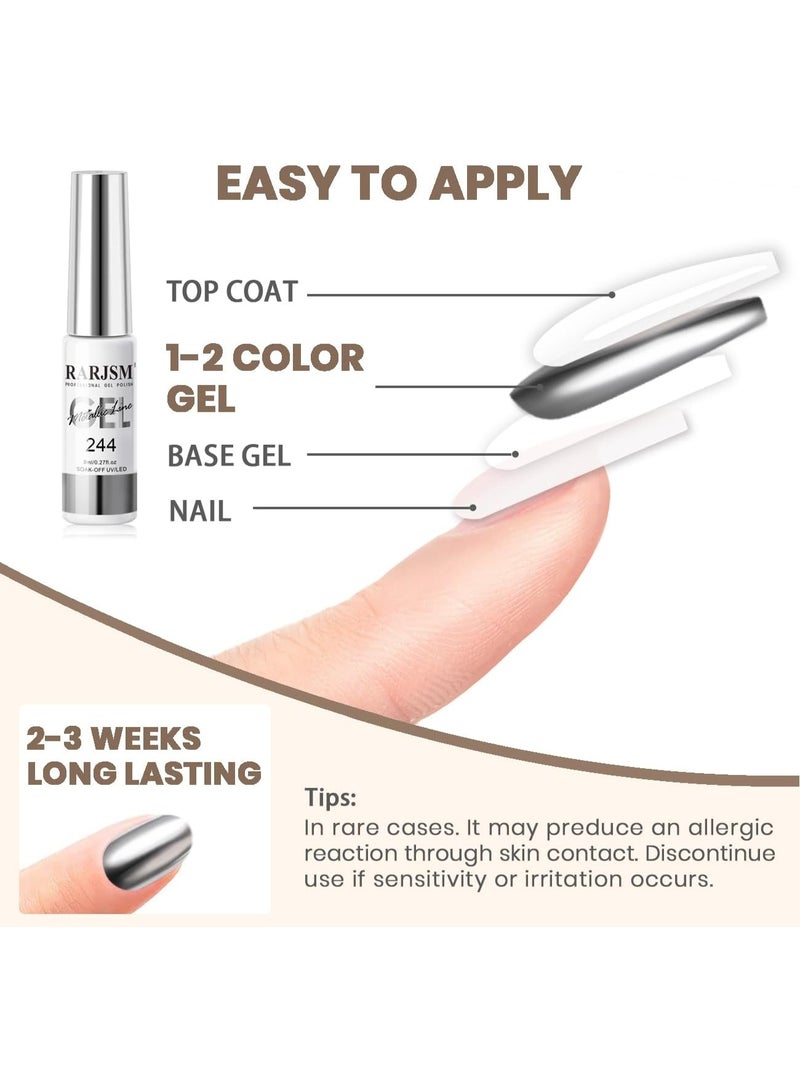 RARJSM Metallic Silver Nail Art Gel Liner Mirror Chrome 3D Effect 8ml Build in Thin Brush Metal Painting Drawing Striper Thin Brush Gel Polish Soak off UV LED Curing Requires for Home Salon Design - Image 3