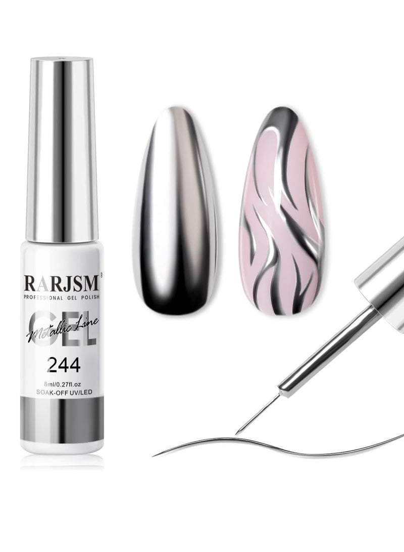 RARJSM Metallic Silver Nail Art Gel Liner Mirror Chrome 3D Effect 8ml Build in Thin Brush Metal Painting Drawing Striper Thin Brush Gel Polish Soak off UV LED Curing Requires for Home Salon Design - Image 1