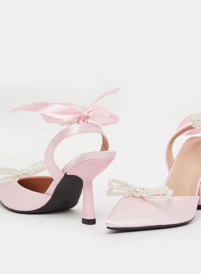 Take Two Ankle Strap Pearl Kitten Heel Sandals by Styli