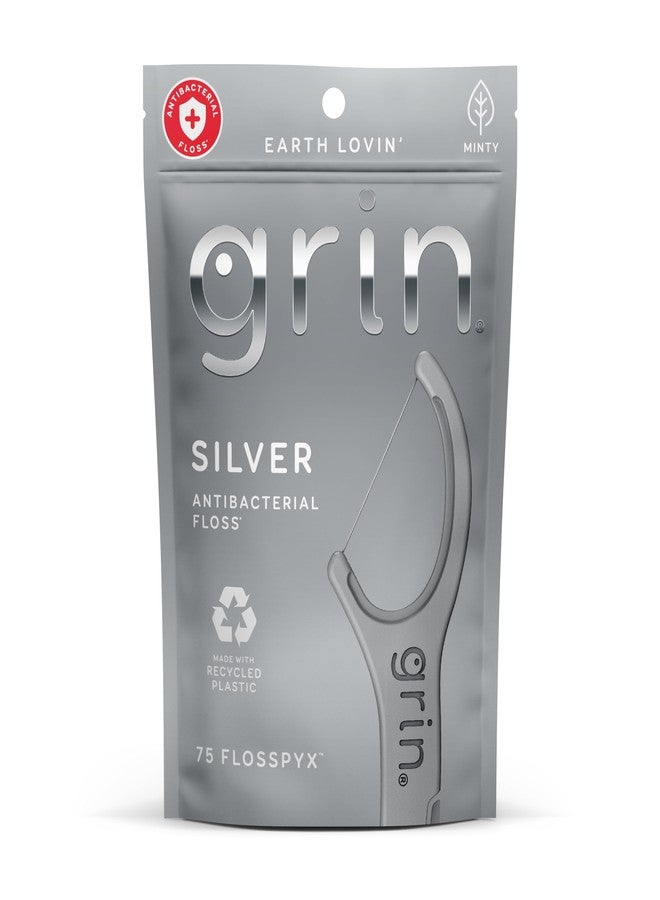 GRIN Silver Flosspyx 75 Count, Dental Flossers, Minty Flavor, Recycled Plastic, for Tight Teeth, Premium Longer Floss Head, Cleans Between Teeth, Includes Safe Soft Fold-Back Tooth Pick - Image 1