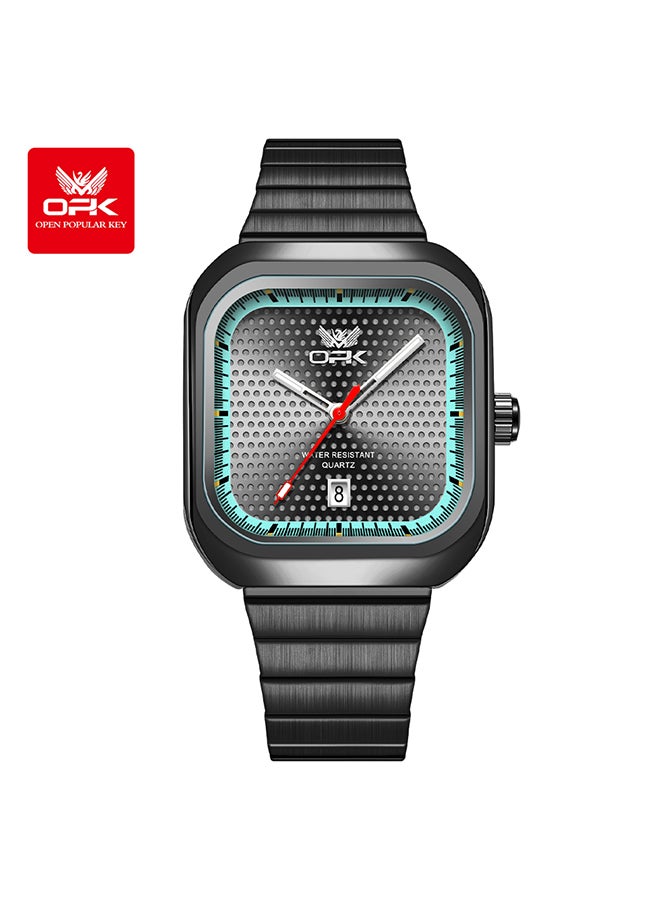 او بي كي ساعة OPK أنيقة مربعة الشكل للرجال، بسوار فولاذي، مضيئة ومقاومة للماء، كوارتز بتقويم واحد، فولاذ أسود 6041، هيكل أسود، إطار أخضر، مينا أسود. - Image 1