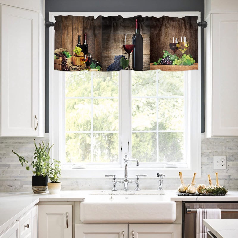 Homechoid Wine Kitchen Curtains and Floral Valance Set  Farmhouse Grapes Fruit Rustic Wood Small Short Half Tier Curtains 24 Inch Length Wine Kitchen Decor for Cafe Bathroom Nursery Bedroom - Image 3
