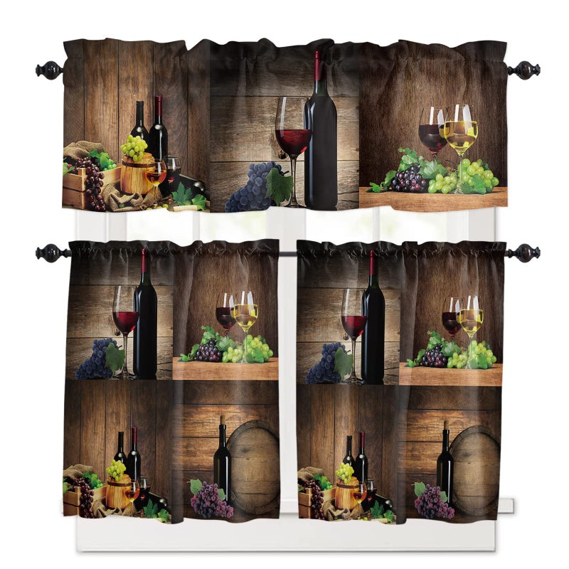 Homechoid Wine Kitchen Curtains and Floral Valance Set  Farmhouse Grapes Fruit Rustic Wood Small Short Half Tier Curtains 24 Inch Length Wine Kitchen Decor for Cafe Bathroom Nursery Bedroom - Image 1
