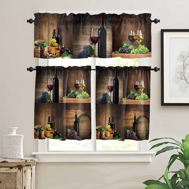 Homechoid Wine Kitchen Curtains and Floral Valance Set  Farmhouse Grapes Fruit Rustic Wood Small Short Half Tier Curtains 24 Inch Length Wine Kitchen Decor for Cafe Bathroom Nursery Bedroom - Image 2
