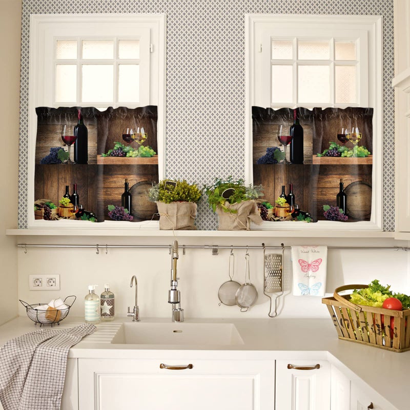 Homechoid Wine Kitchen Curtains and Floral Valance Set  Farmhouse Grapes Fruit Rustic Wood Small Short Half Tier Curtains 24 Inch Length Wine Kitchen Decor for Cafe Bathroom Nursery Bedroom - Image 4