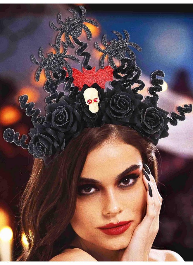 Woeoe - Halloween Spider Headband Black Day Of The Dead Floral Hairband Flower Skull Costume Party Headpiece For Women And Girls (Color-G) - Image 1