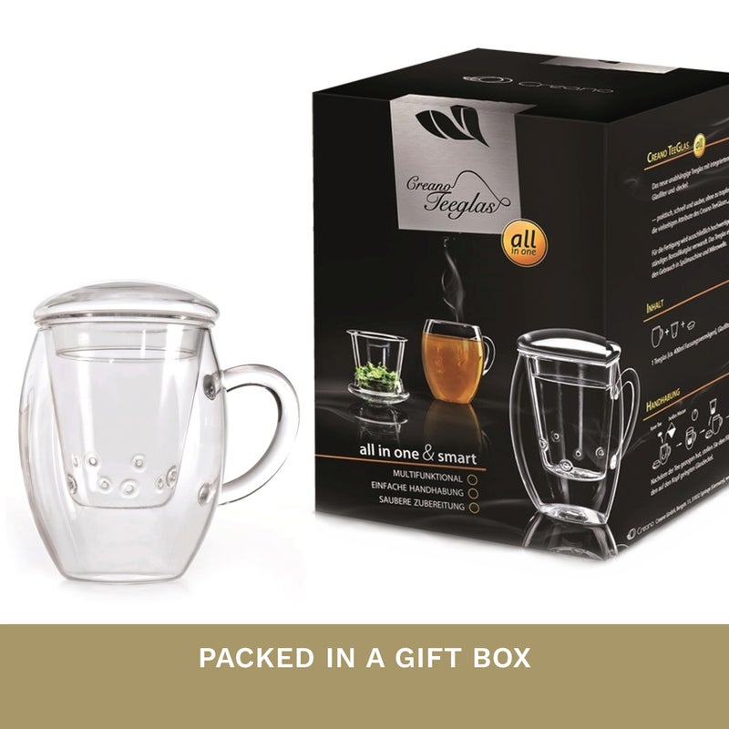 Creano Tea Glass With Infuser And Lid 400Ml - Large Tea Cup - Microwave & Dishwasher Safe - Loose Leaf Tea Maker Gift Set - Image 4