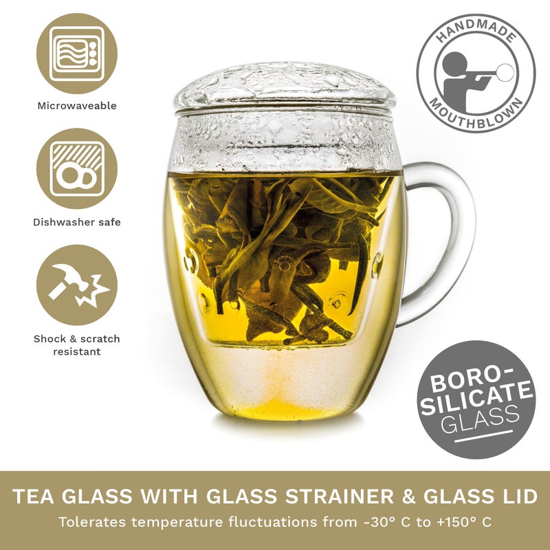 Creano Tea Glass With Infuser And Lid 400Ml - Large Tea Cup - Microwave & Dishwasher Safe - Loose Leaf Tea Maker Gift Set - Image 2
